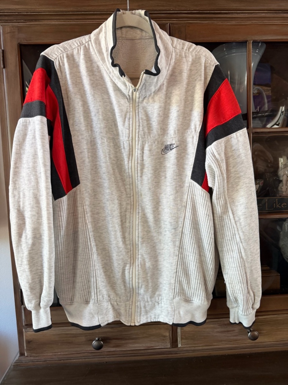 Nike Light Gray Full-Zip Sweater with Red & Black Shoulder Panels